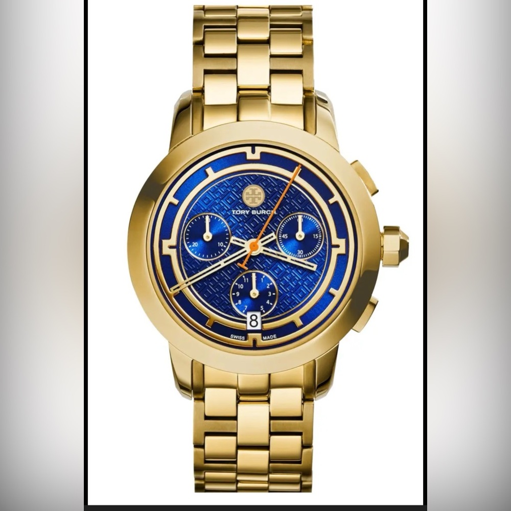 Tory Burch Gold and Blue Textured Dial Chronograph Watch